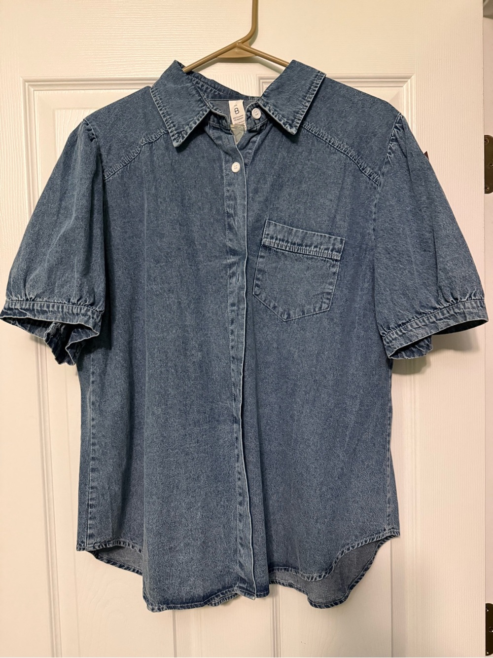Light Wash Denim Button-Up Shirt with Single Chest Pocket